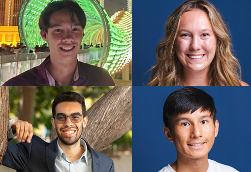  Four mechanical engineering graduate students received NSF Graduate Research Fellowships, (clockwise from top left) Christopher Koh, Karlee Macaw, Christopher Xu, and Andres Torres. 